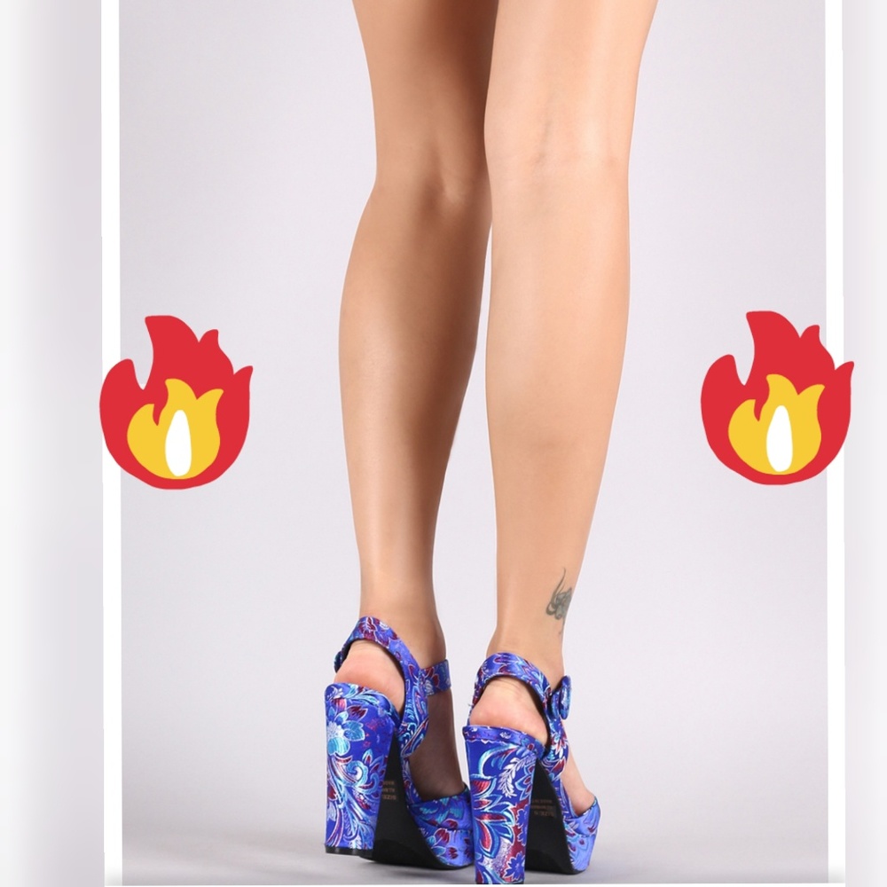 Satin Floral Brocade Open Toe Chunky Platform shoes - Picture 3 of 3